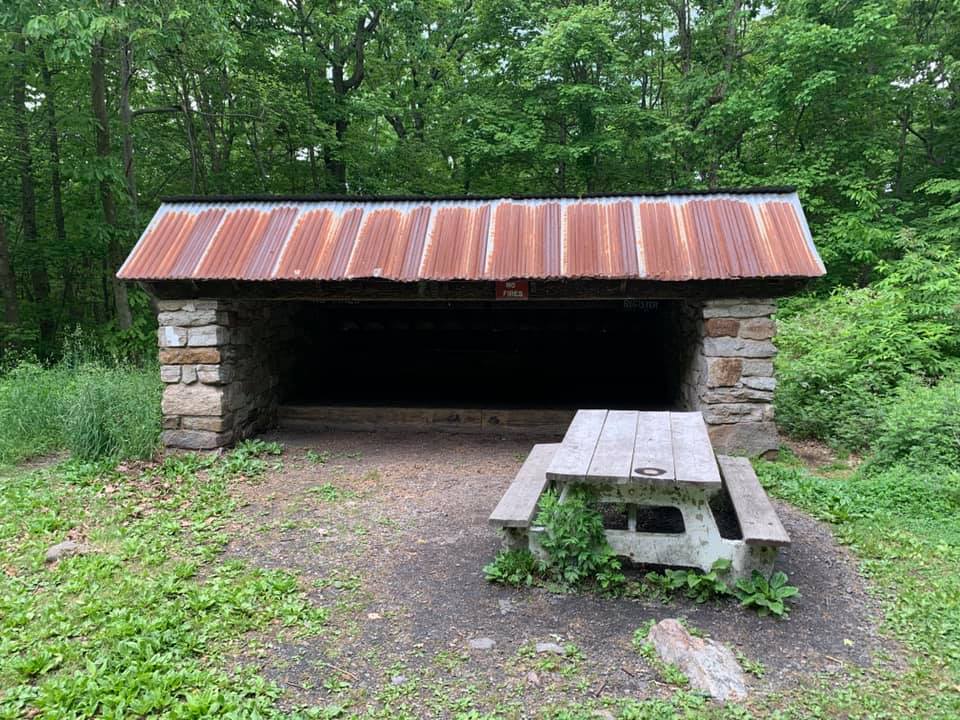 Stone shelter with rusted tin roof next to a wooden picnic table alongside a trail with green forest in the background.