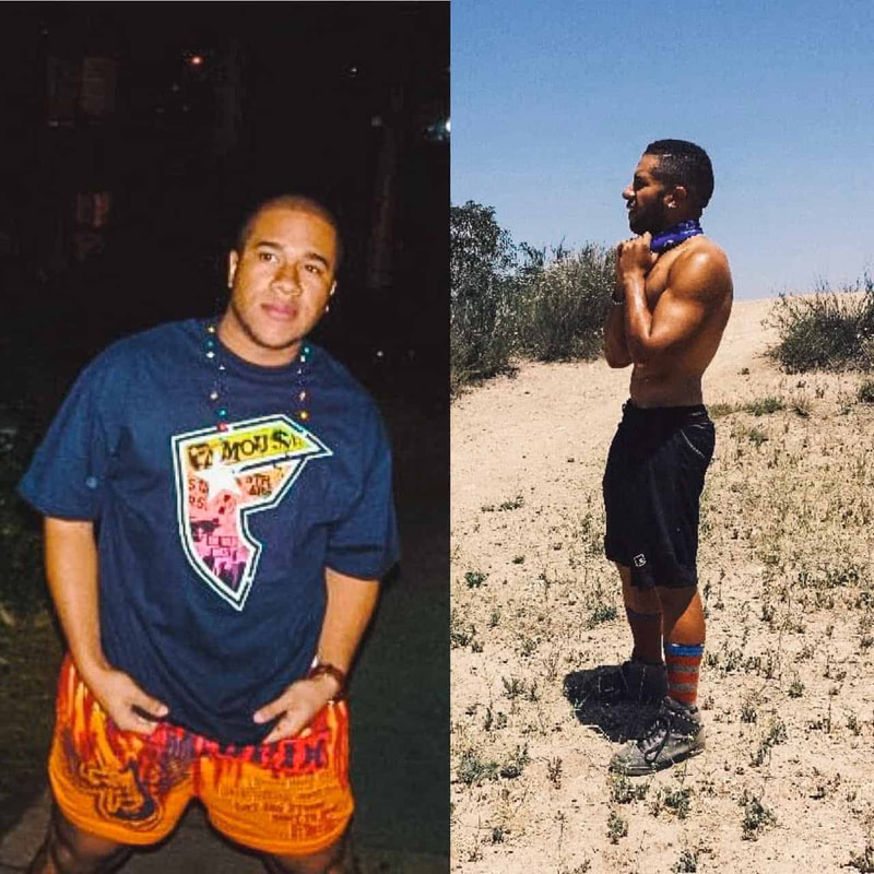 Two photos showing man prior to and after losing weight.