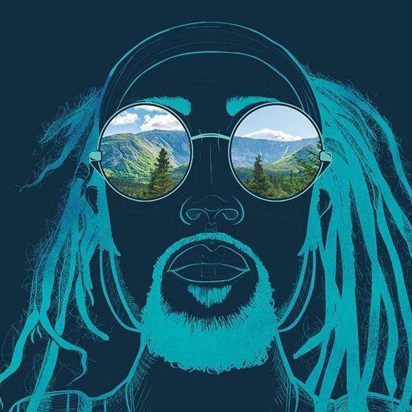 Graphic of man with sunglasses reflecting mountains and trees.